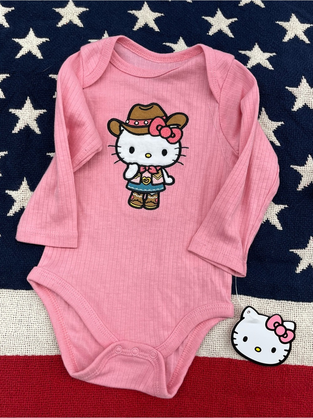Hello Kitty Pink Rib-Knit Cowboy Graphic Long Sleeve One-Piece Size 9 Months NWT